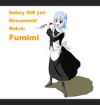  3ldkm :d bangs black_legwear blue_hair character_name dual_wielding english full_body fumimi hikai holding kitchen_knife knife ladle letterboxed looking_at_viewer maid maid_headdress no_shoes open_mouth pantyhose purple_eyes reverse_grip shadow short_hair simple_background smile solo standing white_background 