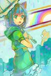  :o ame_yamori animal_ears blue_eyes blue_hair cat_ears dress from_side green_dress looking_at_viewer looking_to_the_side open_mouth original puffy_short_sleeves puffy_sleeves short_hair short_sleeves solo umbrella 