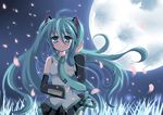  aqua_hair blush hatsune_miku kokonogi_kisara long_hair moon night night_sky petals ribbon sky smile solo twintails vocaloid 