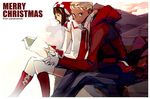  1girl book boots christmas copyright_request couple hetero panamaman reading thighhighs 