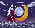  animal_ears black_hair blue_eyes cloud firefox flower fox_ears full_moon hakama japanese_clothes katana long_hair miko moon night os-tan red_hakama sky solo sword tail urichi weapon 