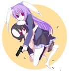  animal_ears banned_artist barefoot black_hair bunny_ears finger_on_trigger gun handgun harano hug inaba_tewi multiple_girls pistol purple_hair red_eyes reisen_udongein_inaba shell_casing touhou weapon 