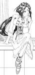  90s aa_megami-sama dress facial_mark forehead_mark fujishima_kousuke greyscale highres long_hair monochrome peorth ponytail sitting solo 