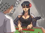  1girl akagi akagi_shigeru board_game bra breasts cigarette cigarette_holder cleavage commentary crossover emlan extra_arms flower hair_flower hair_ornament large_breasts lingerie mahjong nico_robin one_piece playing_games smoking underwear 