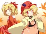  aki_minoriko aki_shizuha asoka autumn hair_ornament hat leaf leaf_hair_ornament multiple_girls ribbon short_hair siblings sisters touhou 