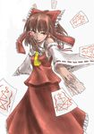  :d bow brown_hair detached_sleeves dual_wielding flat_chest frills hair_bow hair_ornament hair_tubes hakurei_reimu highres holding kenji long_hair necktie ofuda open_mouth orange_eyes ponytail sarashi simple_background skirt smile solo standing touhou wide_sleeves 