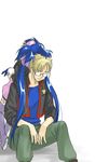  1girl artist_request blue_hair closed_eyes glasses headband klan_klein long_hair macross macross_frontier mikhail_buran pointy_ears twintails very_long_hair 