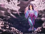 black_hair brown_eyes cherry_blossoms flower hime_cut japanese_clothes kimono long_hair night original ri-ko solo veil water 
