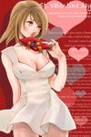  blush breasts brown_eyes brown_hair cleavage covered_nipples dress engrish gift holding holding_gift large_breasts original ranguage ri-ko short_hair solo valentine 