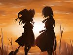  alice_margatroid broom hat height_difference kirisame_marisa lowres multiple_girls outdoors silhouette sunset touhou witch_hat 