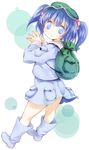  backpack bag blue_eyes blue_hair buriki hair_bobbles hair_ornament hat kawashiro_nitori short_hair solo touhou two_side_up 