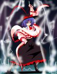  black_skirt bow cape closed_eyes frills full_body hat hat_bow index_finger_raised kieyza lightning nagae_iku pointing pointing_up purple_hair red_bow saturday_night_fever shawl short_hair skirt solo touhou 