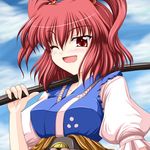  blush bococho breasts medium_breasts one_eye_closed onozuka_komachi open_mouth red_eyes red_hair solo touhou upper_body 