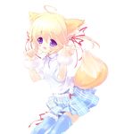  ahoge animal_ears ashishun blonde_hair blue_eyes blush fox_ears fox_konko foxconn short_hair skirt solo tail thighhighs v 