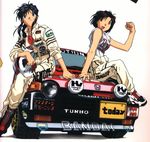  black_hair braid brown_hair car driver ground_vehicle honda honda_today kobayakawa_miyuki long_sleeves motor_vehicle multiple_girls non-web_source racecar racing_suit rally_car short_hair sleeves_pushed_up tsujimoto_natsumi you're_under_arrest 