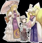  animal_ears black_background blonde_hair cat_ears chen fox_tail haruo_(clownberry) hat height_difference long_sleeves lowres mob_cap multiple_girls multiple_tails petting pillow_hat short_hair sidelocks standing tabard tail tassel touhou umbrella wide_sleeves yakumo_ran yakumo_yukari yin_yang 