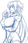  1girl blue bodysuit breasts chiba_toshirou giantess gloves headband huge_breasts klan_klein long_hair macross macross_frontier mikhail_buran monochrome pointy_ears sketch twintails very_long_hair 