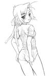  blush copyright_request cowboy_shot greyscale gym_uniform headband himadarou monochrome solo 