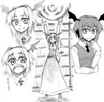  :o arms_up closed_mouth demon_tail dress greyscale hairband head_wings heart hikawa_shou koakuma looking_at_viewer magic monochrome open_mouth orb smile standing surprised tail thinking touhou 