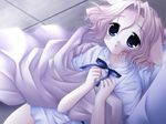  1girl :o animal_ears blanket blonde_hair blue_eyes blush bow couple dog_ears dress dutch_angle from_above game_cg hands hetero hug looking_at_viewer looking_up night open_mouth pov pure_pure ribbon sachi sakurazawa_izumi short_dress short_hair sitting sitting_on_lap sitting_on_person 
