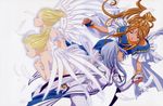  90s aa_megami-sama absurdres angel asymmetrical_hair belldandy blonde_hair blue_eyes blue_hair bracelet brown_hair closed_eyes cool_mint facial_mark feathers forehead_mark gloves goddess highres jewelry lind long_hair matsubara_hidenori multiple_girls ponytail ring single_wing spear_mint wings 