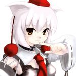  animal_ears close-up collar detached_sleeves fang hat inubashiri_momiji looking_at_viewer necktie orange_eyes solo tokin_hat touhou tsubasa_(abchipika) tsurime white_hair wolf_ears 