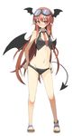  bad_id bad_pixiv_id bat_wings bikini blush demon_tail full_body goggles goggles_on_head hands_on_hips head_wings kasuga_ayumu_(haruhipo) koakuma long_hair looking_at_viewer navel necktie pointy_ears red_hair red_neckwear simple_background solo standing swimsuit tail touhou white_background wings 