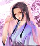  black_hair blush brown_eyes cherry_blossoms hime_cut japanese_clothes kimono long_hair original ri-ko solo veil 