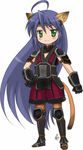  :3 animal_ears blue_hair blush cosplay fe final_fantasy final_fantasy_xi green_eyes headband izumi_konata long_hair lucky_star mole mole_under_eye monk_(final_fantasy) solo tail 