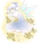  barefoot cirno dandelion feet flower full_body lying nugaa on_side ribbon sleeping solo touhou wings 