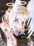  absurdres angel blonde_hair boots copyright_request dress gloves halo highres multiple_girls non-web_source scan sumomo_kpa thighhighs white wings yellow_eyes zettai_ryouiki 