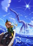  boat boots brown_eyes brown_hair dragon final_fantasy final_fantasy_iii hat leviathan_(final_fantasy) one_eye_closed open_mouth refia smile tacoon thighhighs water watercraft 