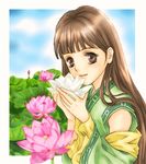  bangs bare_shoulders blue_sky blunt_bangs brown_eyes brown_hair day detached_sleeves flower gensou_suikoden gensou_suikoden_v holding holding_flower lips long_hair long_sleeves lymsleia_falenas sky smile solo upper_body 