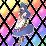  argyle argyle_background bad_id bad_pixiv_id blue_hair enari hinanawi_tenshi long_hair rainbow_background red_eyes solo touhou 