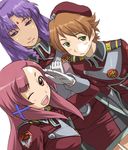  bridge_bunnies imo_works long_hair lowres macross macross_frontier military military_uniform mina_roshan monica_lang multiple_girls orange_hair purple_hair ram_hoa red_hair s.m.s. short_hair uniform 