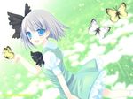  :d animal black_bow black_neckwear blush bow bowtie bug butterfly cowboy_shot dress dutch_angle from_behind green_dress hair_bow hinayuki_usa insect konpaku_youmu looking_at_viewer looking_back open_mouth smile solo tareme touhou 