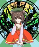  akiyama animal_ears bad_id bad_pixiv_id brown_hair cat_ears cat_tail chen china_dress chinese_clothes dress hat multiple_tails paw_pose ribbon short_hair solo tail tongue touhou 