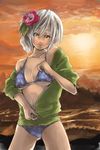 bad_id bad_pixiv_id bare_shoulders bikini breasts cleavage copyright_request floral_print flower green_shirt hair_ornament medium_breasts ocean shirt silver_hair sleeves_pushed_up solo sukizo sunset sweater swimsuit underboob unzipping water zipper 