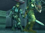  earrings holding holding_sword holding_weapon holster jewelry left-handed link load_bearing_vest male_focus master_sword metal_gear_(series) metal_gear_solid multiple_boys pointy_ears screencap shield solid_snake super_smash_bros. sword the_legend_of_zelda thigh_holster weapon 