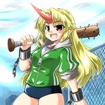  alternate_costume baseball_bat blonde_hair chain double_vertical_stripe gym_uniform horn hoshiguma_yuugi long_hair nail nail_bat oni solo tajima_yuuki touhou 