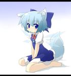  animal_ears barefoot blue_eyes blue_hair bow cirno oka_(bananashoe) short_hair solo tail touhou wings wolf_ears wolf_tail 