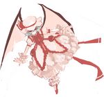  bat_wings bow bowtie frills hat hat_bow looking_at_viewer mob_cap outstretched_arms red_bow red_eyes red_neckwear remilia_scarlet shizumi_satou short_hair silver_hair simple_background solo touhou vampire white_background wings wrist_cuffs 