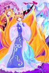  blonde_hair bow bug butterfly dress fox_tail gap hands_in_opposite_sleeves hat insect long_sleeves minase_(mmakina) multiple_girls multiple_tails orange_eyes pillow_hat pink_hair purple_eyes saigyouji_yuyuko short_hair smirk tail tassel touhou wide_sleeves yakumo_ran yakumo_yukari 