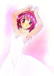  armpits arms_up breasts cleavage dress hair_ribbon hairband kamigishi_akari medium_breasts morimi_ashita red_eyes red_hair ribbon short_hair smile solo to_heart white_dress 