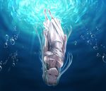  barefoot bubble closed_eyes collarbone dress green_hair jewelry long_hair miyai_sen necklace original pendant pointy_ears solo underwater upside-down wet wet_clothes white_dress 