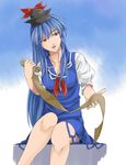  bad_id bad_pixiv_id blue_hair hat highres kamishirasawa_keine long_hair paper ribbon shibasaki_shouji solo touhou 