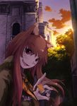  1girl animal_ears bad_id bad_pixiv_id brown_hair bsan building craft_lawrence fang holo long_hair perspective red_eyes ribbon short_hair spice_and_wolf sunset tree wolf_ears 
