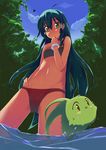  ahoge bad_id bad_pixiv_id bandeau bikini dark_skin deltora_quest filli flat_chest green_eyes green_hair hand_on_hip jasmine_(deltora_quest) long_hair navel pov solo strapless swimsuit tree tubetop urichi wading water wet 