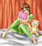  ahoge akizuki_ritsuko bad_id bad_pixiv_id barefoot bed blush brown_hair feet glasses idolmaster idolmaster_(classic) idolmaster_live_for_you! long_hair pajamas pillow pillow_hug red_eyes sitting solo stuffed_animal stuffed_toy teddy_bear yokkora 