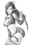  ahoge breasts center_opening choker covered_nipples dagger dark_elf_(lineage_2) gloves greyscale kanzeon knife large_breasts lineage lineage_2 long_hair looking_to_the_side midriff monochrome pointy_ears shorts solo thighhighs thighs weapon 